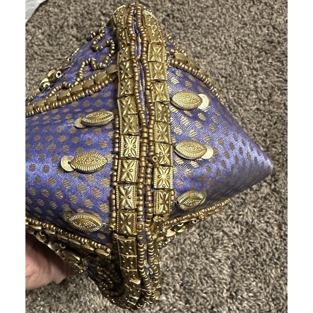 Fortune Cookie Bag Purse Wristlet Blue/Purple w/ Gold color Beads w/ Embroidery